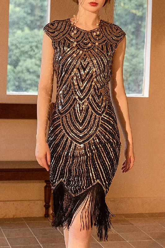 1920s Gatsby Round Neck Fitted Sequin Fringe Flapper Midi Dress - Gold Fashionable Pleated Midi Dress