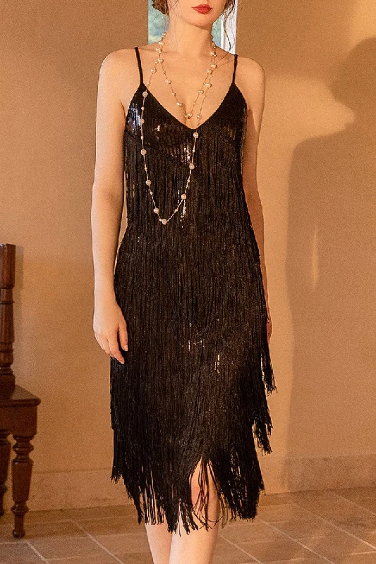 1920s Gatsby V Neck Sequined Layered Fringe Flapper Midi Dress - Black Trendy Mock Neck Midi Dress