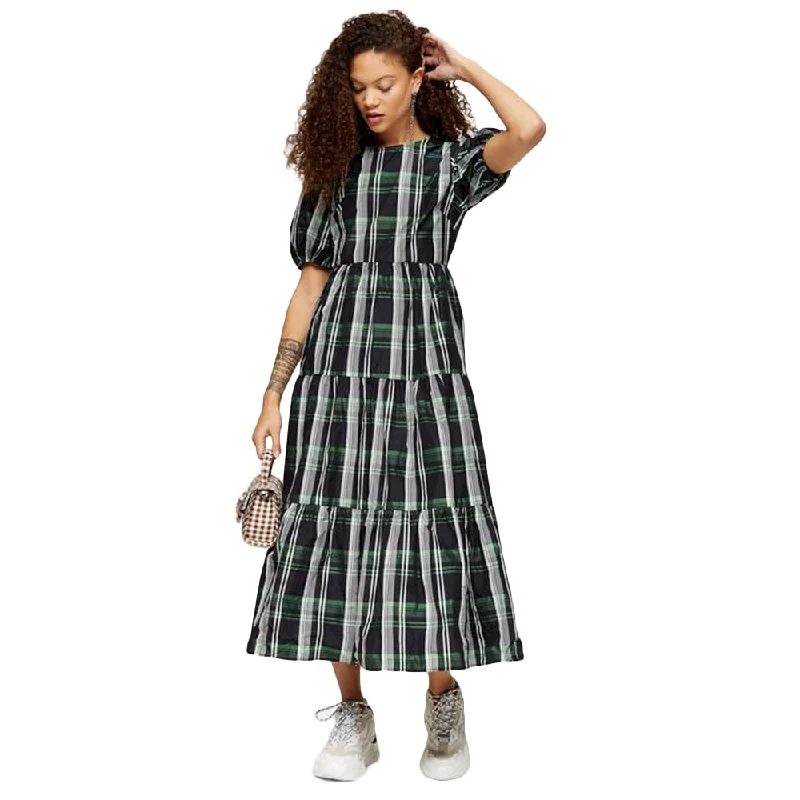 Women's Plaid Ruffle Midi Dress,Multi Trendy Fit-and-Flare Midi Dress