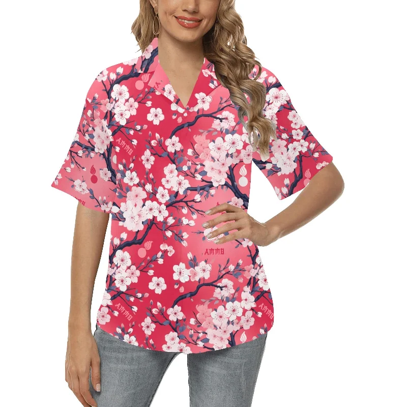 AMMO Pink Sakura Cherry Blossom Pisspots Womens Hawaiian Shirt Cozy Cotton Short Tee AMMO Pink Sakura Cherry Blossom Pisspots Womens Hawaiian Shirt Cozy Cotton Short Tee