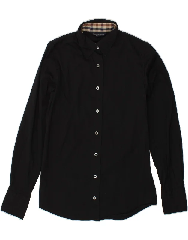 AQUASCUTUM Womens Shirt UK 10 Small Black Cotton Relaxed Cotton Short Shirt