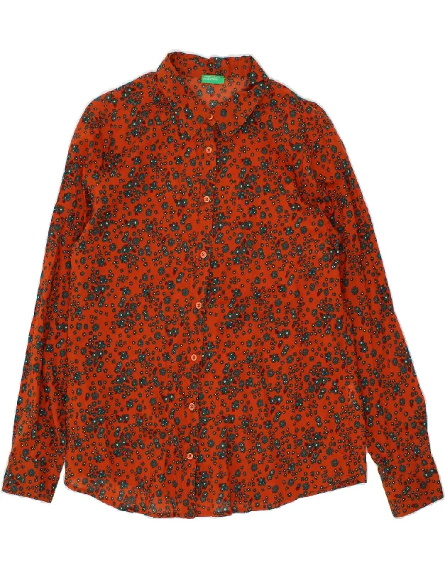 BENETTON Womens Shirt UK 14 Medium Orange Floral Casual Oversized Short Shirt