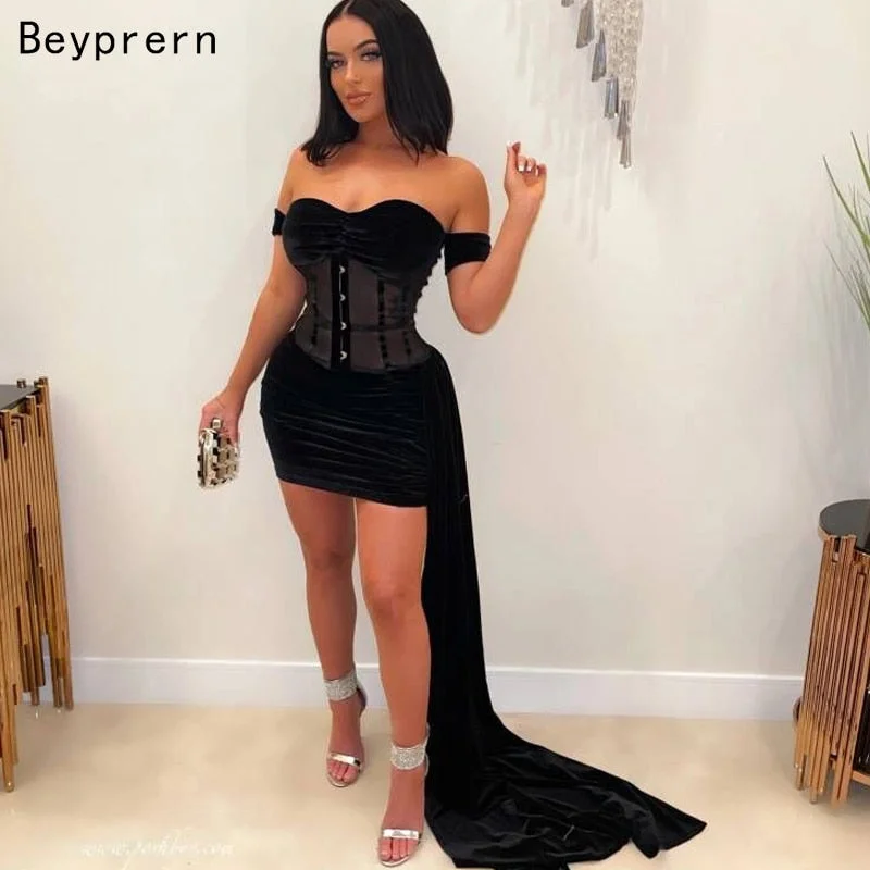 Beyprern Summer Women Corset Mini Dress Fashion Short Sleeve Black Caged Velvet Dress Long Straps Night Out Robes Sexy Clubwear Classic Black Mini Dress