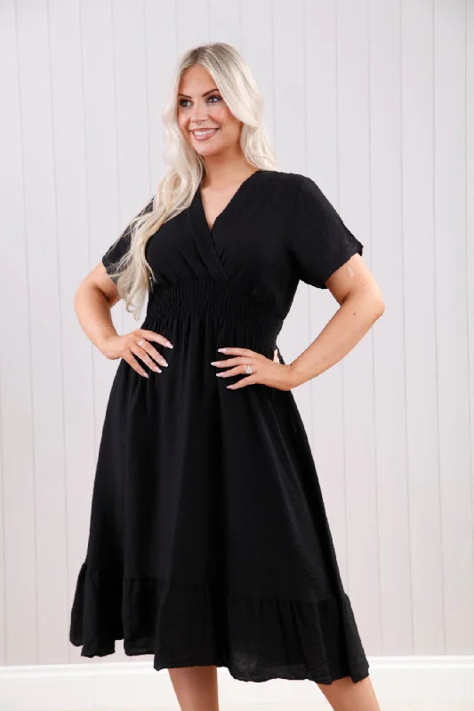 Black Wrap Front Midi Dress Fashionable Skater Midi Dress