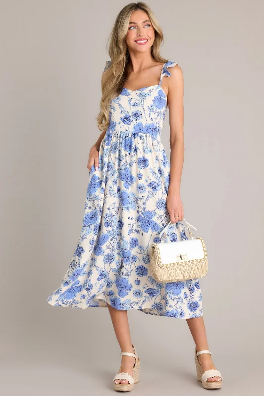 Blossoms Of Belief Ivory & Blue Floral Midi Dress Comfortable Sleeveless Midi Dress