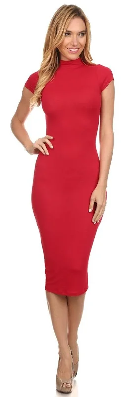 Body Con Knee Length Red Midi Dress Turtle Neck Short Sleeves Elegant Satin Midi Dress