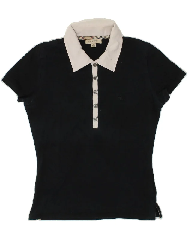 BURBERRY Womens Polo Shirt UK 10 Small Navy Blue Colourblock Cotton Casual Plain Short Shirt