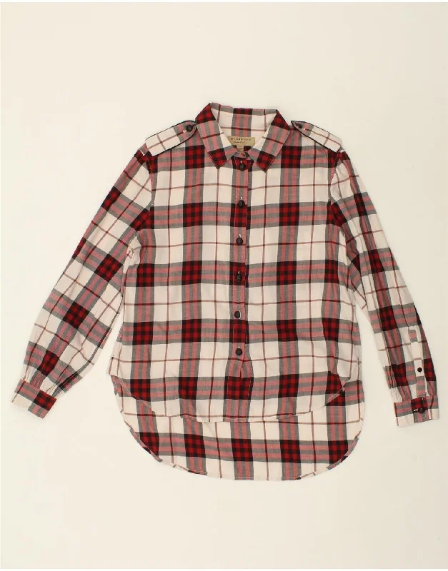 BURBERRY Womens Shirt UK 8 Small Red Check Cotton Casual Cotton Short Shirt