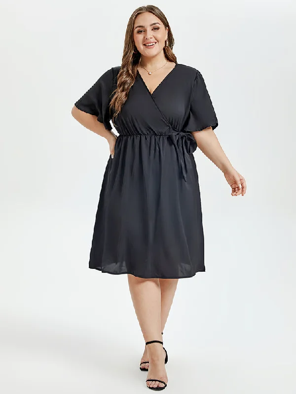 Butterfly Sleeve Ruffle Hem Belted Midi Dress Fashionable High-Neck Midi Dress