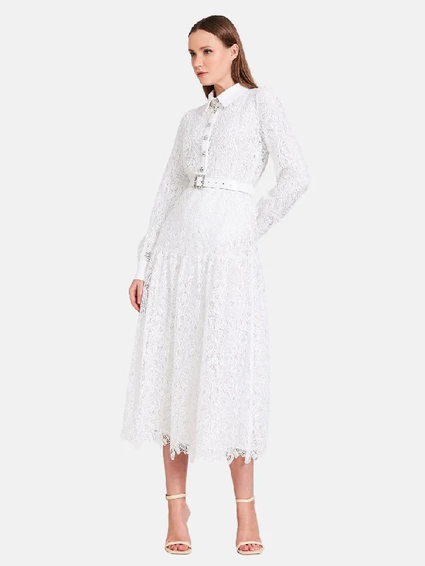 Buttoned Lace Midi Dress in White Fashionable Chiffon Midi Dress