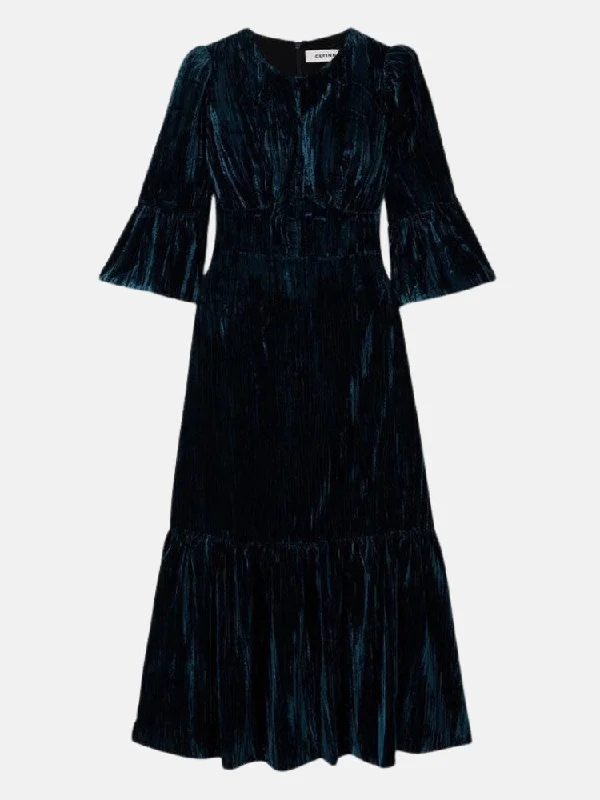 Daphne Tiered Plissé Velvet Midi Dress Blue Trendy Ruffled Sleeve Midi Dress