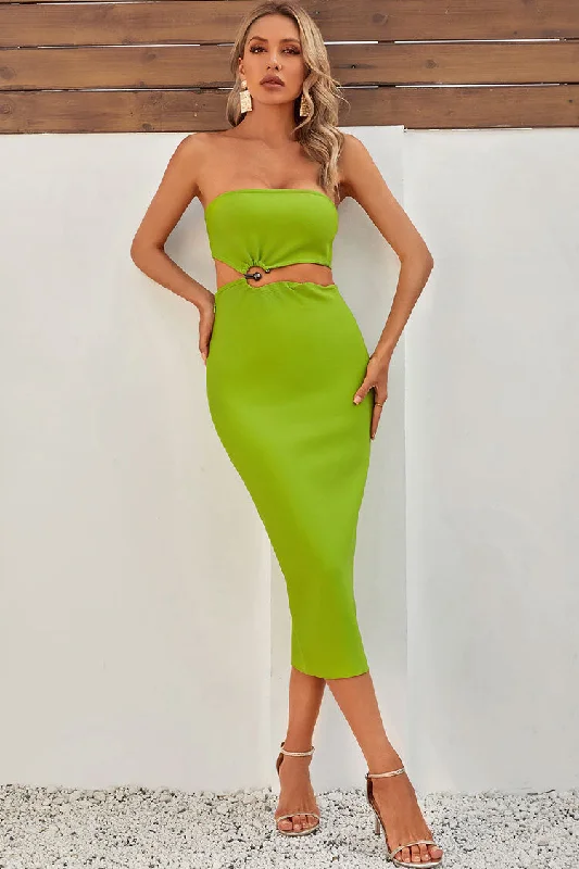 Chic Strapless Notch O Ring Cutout Waist Bodycon Bandage Party Midi Dress - Green Stylish Vintage Midi Dress