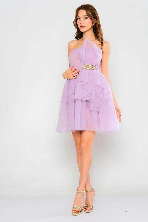 Chiffon Layered Mini dress with Removable Strap - Lilac Casual Button-Up Mini Dress