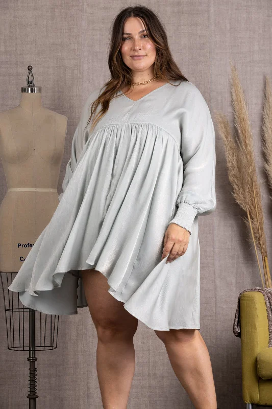 SHINY SILVER V-NECK LONG SLEEVES PLUS SIZE MIDI DRESS-CIDM2127B Trendy Long Sleeve Midi Dress