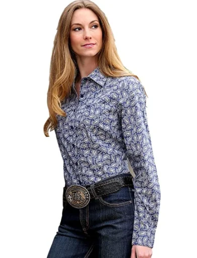 Cinch Wmns Blue Paisley Print Western Shirt - Black Friday Sale Elegant Off-Shoulder Short Shirt