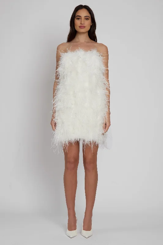 Cloud Feather Mini Dress - White Chic Pleated Mini Dress