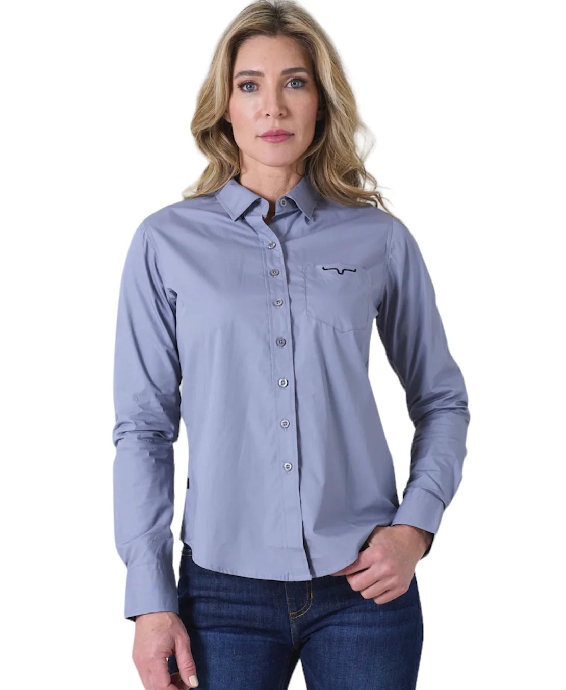 Kimes Ranch Women's Grey KR Team Shirt Long Sleeve Button Up Top Chic Button-Up Short Shirt Kimes Ranch Women's Grey KR Team Shirt Long Sleeve Button Up Top Chic Button-Up Short Shirt