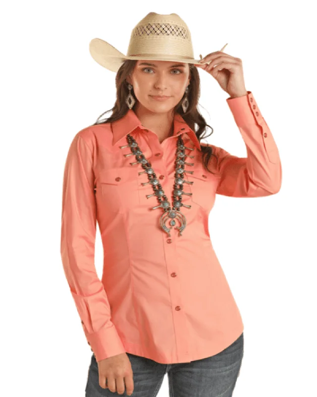 Panhandle Women's Melon Solid Long Sleeve Snap Up Western Shirt PWN2S03154-MEL Chic V-Neck Short Blouse Panhandle Women's Melon Solid Long Sleeve Snap Up Western Shirt PWN2S03154-MEL Chic V-Neck Short Blouse