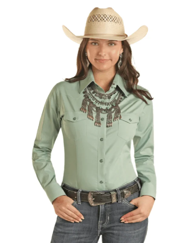 Panhandle Women's Aqua Solid Long Sleeve Snap Up Western Shirt PWN2S03154-AQ Stylish Split-Hem Short Shirt Panhandle Women's Aqua Solid Long Sleeve Snap Up Western Shirt PWN2S03154-AQ Stylish Split-Hem Short Shirt