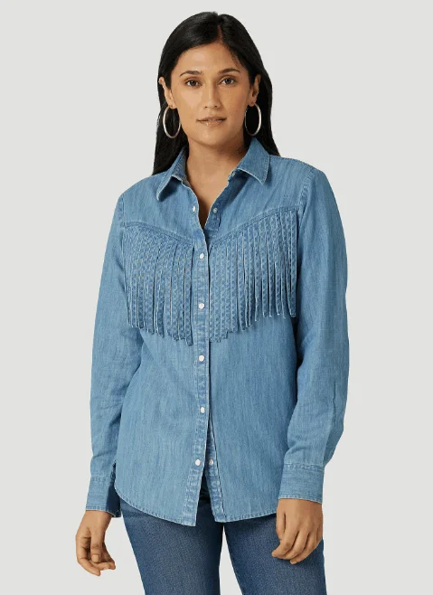 Wrangler Women's Retro Fringe Front Indigo Denim Western Snap Shirt 112327612 Cozy Summer Short Shirt Wrangler Women's Retro Fringe Front Indigo Denim Western Snap Shirt 112327612 Cozy Summer Short Shirt