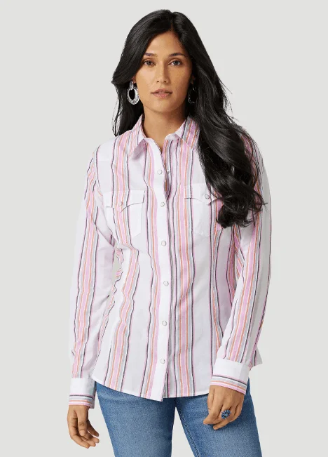 Wrangler Women's Retro Pink & White Stripe Western Snap Long Sleeve Shirt 112327248 Comfortable Knit Short Shirt Wrangler Women's Retro Pink & White Stripe Western Snap Long Sleeve Shirt 112327248 Comfortable Knit Short Shirt