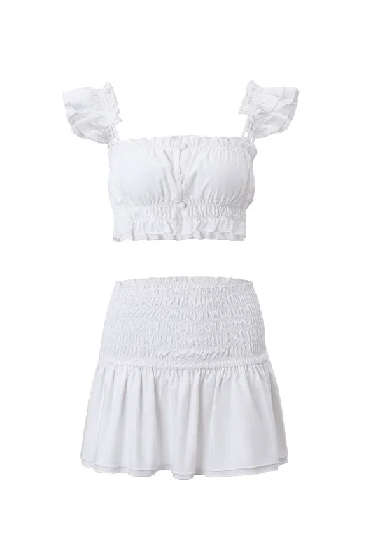 Cute Ruffled Button Up Bra Top Ruched Drop Waist Skirt Two Piece Mini Dress Comfortable Wrap Mini Dress