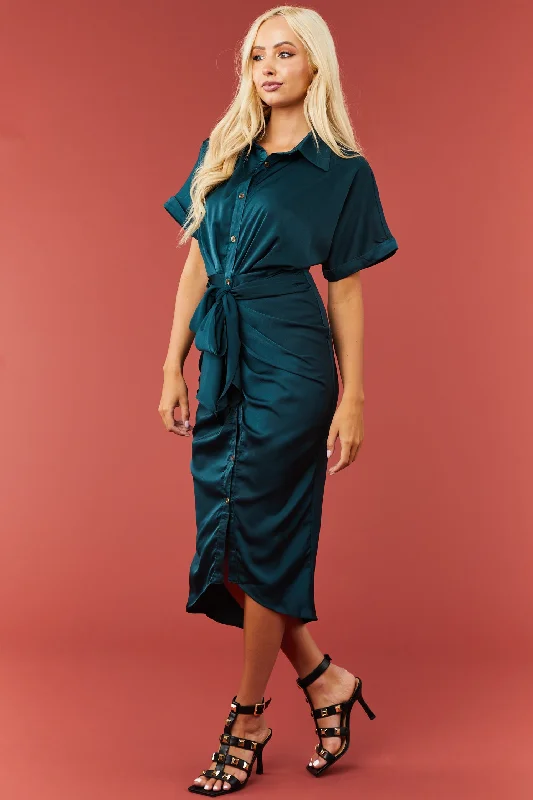 Dark Teal Button Down Front Tie Satin Midi Dress Elegant Pleated Detail Midi Dress