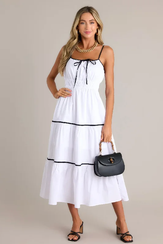 Delightful Discoveries White Tiered Midi Dress Trendy Off-Shoulder Button Midi Dress