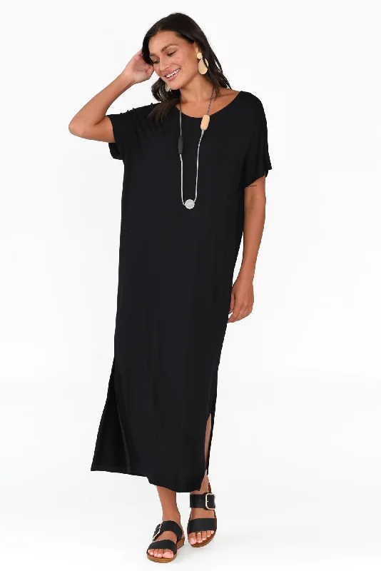 Dempsey Black Bamboo Midi Dress Stylish Silk Midi Dress