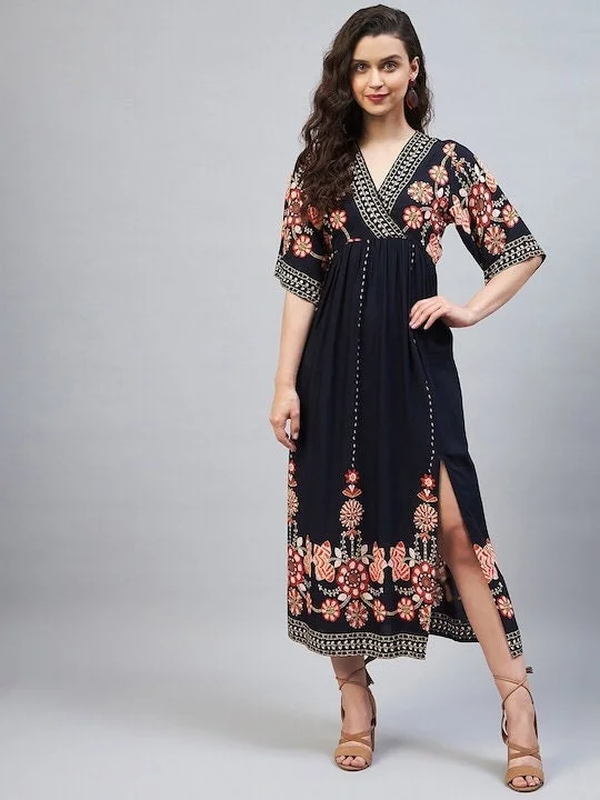 Designer Indian Navy Blue Ethnic Motifs A-Line Midi Dress,Indian Dress Comfortable Floral Print Midi Dress