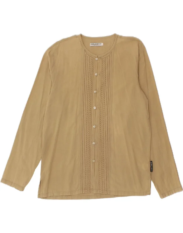 DOLCE & GABBANA Womens Shirt Blouse UK 16 Large Beige Cotton Stylish Split-Hem Short Shirt