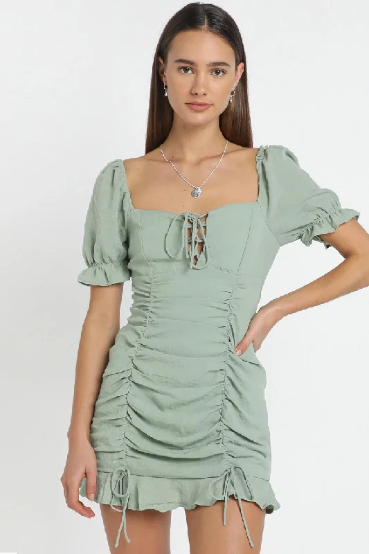 Drawstring Ruched Ruffle Bodycon Mini Dress - Sage Green Elegant Velvet Mini Dress