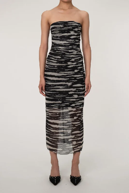 Dynamic Zebra Printed Strapless Ruched Mesh Bodycon Cocktail Midi Dress Cozy Ribbed Knit Midi Dress