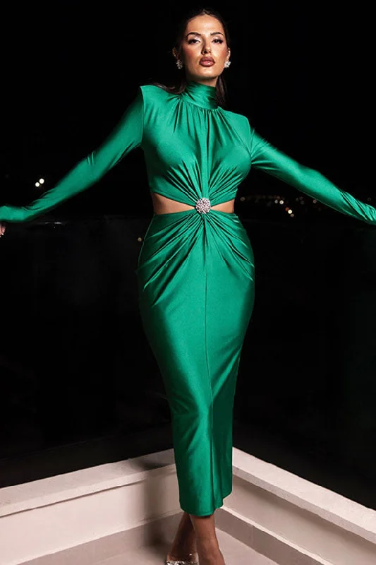 Elegant Rhinestone Twist Cutout Waist Long Sleeve Cocktail Midi Dress - Green Chic Off-Shoulder Midi Dress