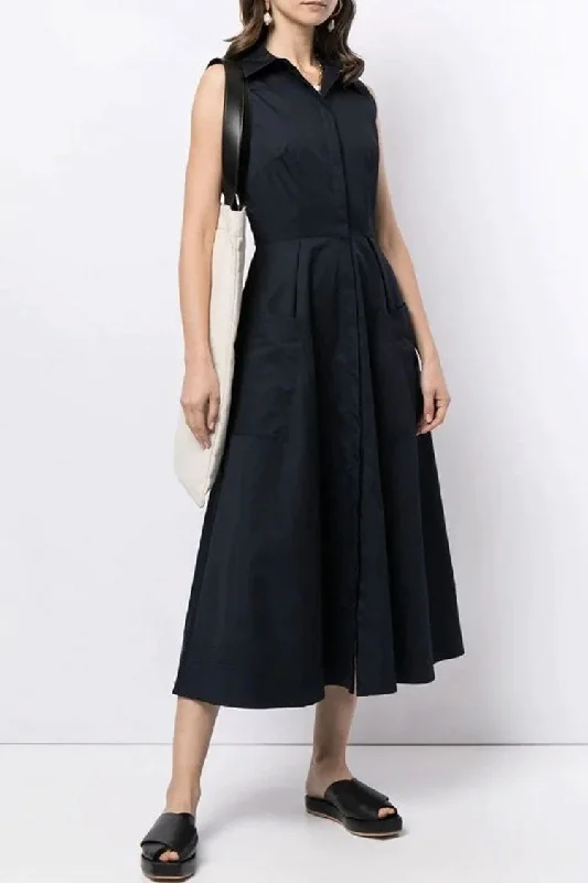 Elegant Sleeveless Cargo Pocket Button Down Skater Midi Dress - Black Trendy Floral Wrap Midi Dress