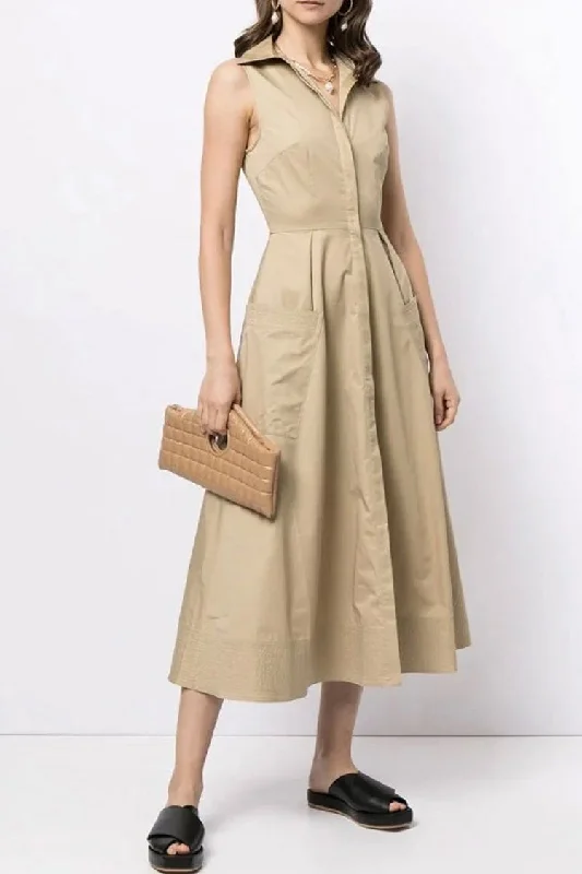 Elegant Sleeveless Cargo Pocket Button Down Skater Midi Dress - Khaki Comfortable Stretch Midi Dress