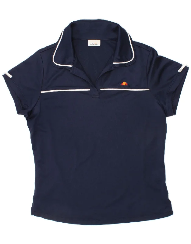 ELLESSE Womens Polo Shirt UK 12 Medium Navy Blue Stylish Printed Short Shirt