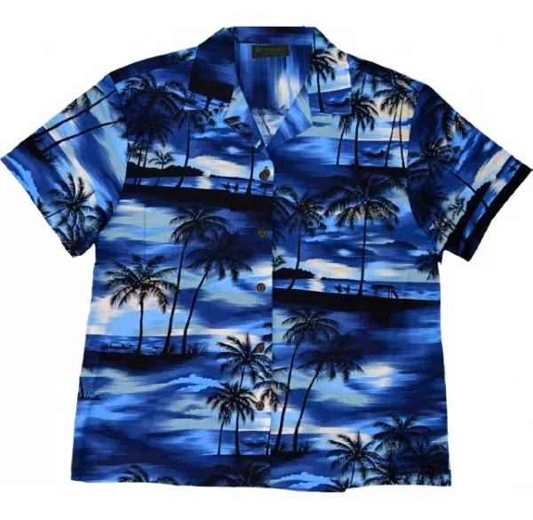 Evening Palms Ladies Tropical Hawaiian Camp Shirt in Blue Fashionable Tied Short Sleeve Evening Palms Ladies Tropical Hawaiian Camp Shirt in Blue Fashionable Tied Short Sleeve