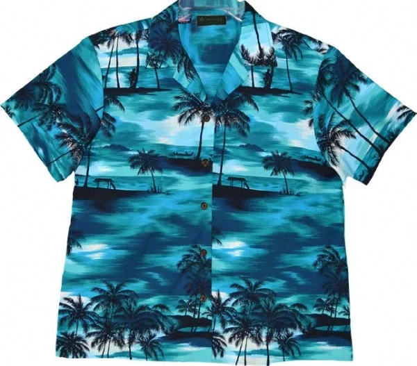 Evening Palms Ladies Tropical Hawaiian Camp Shirt in Turquoise Elegant Lace-Trimmed Short Shirt Evening Palms Ladies Tropical Hawaiian Camp Shirt in Turquoise Elegant Lace-Trimmed Short Shirt