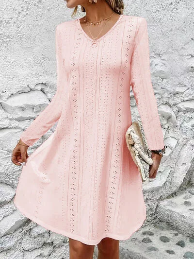 Eyelet V-Neck Long Sleeve Mini Dress Trendy Wraparound Mini Dress