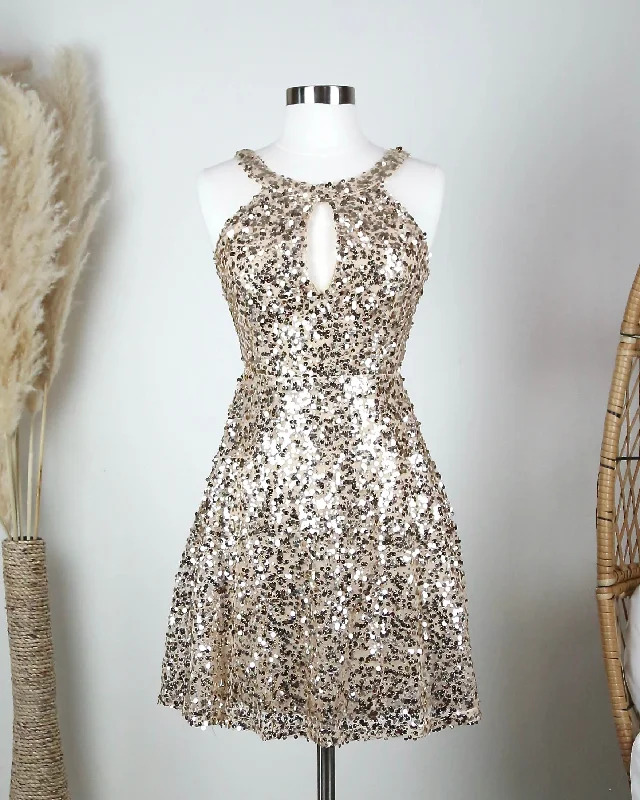 Bedazzling Sparkly Sequin Mini Dress in Gold Trendy Denim Mini Dress