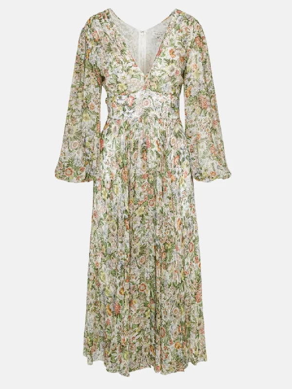 Floral All Over On Viscose Chiffon Blouson Sleeve Midi Dress Chic Floral Print Midi Dress