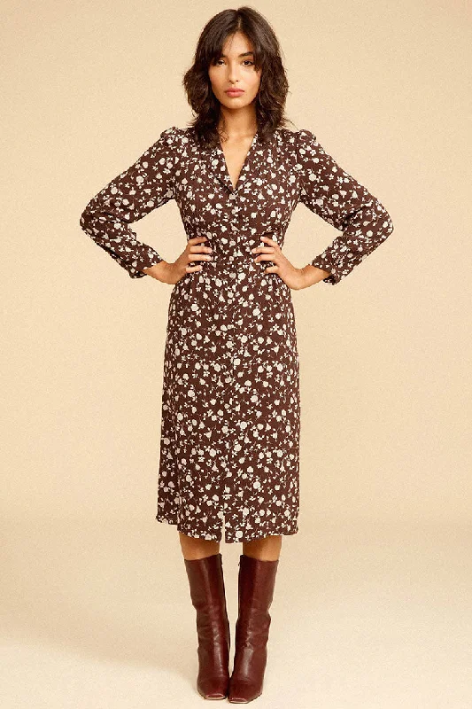 Floral Print Long Sleeve Button Up French Shirt Midi Dress - Coffee Trendy Ruffled Sleeve Midi Dress