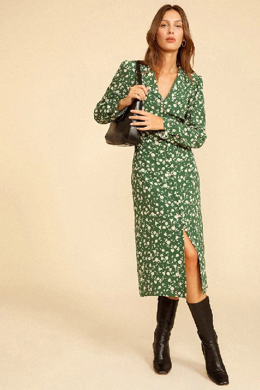 Floral Print Long Sleeve Button Up French Shirt Midi Dress - Green Chic Bohemian Midi Dress