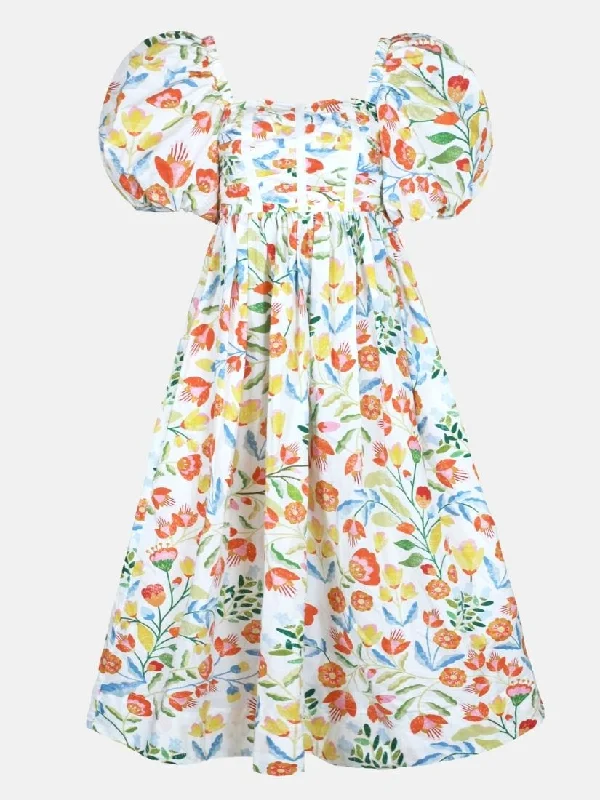 Flower Land Square Neck Cotton Midi Dress Fashionable Pleated Midi Dress