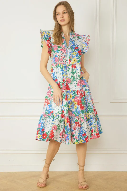 Flutter Sleeve Midi Dress | Floral Field Comfortable Stretch Midi Dress