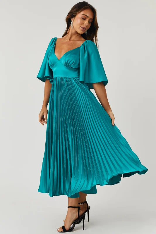 Flying Tomato Teal Bell Sleeve Pleated Satin Midi Dress Trendy Knit Midi Dress