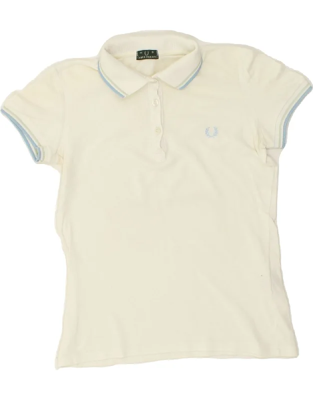 FRED PERRY Womens Polo Shirt UK 10 Small White Cotton Chic V-Neck Short Blouse