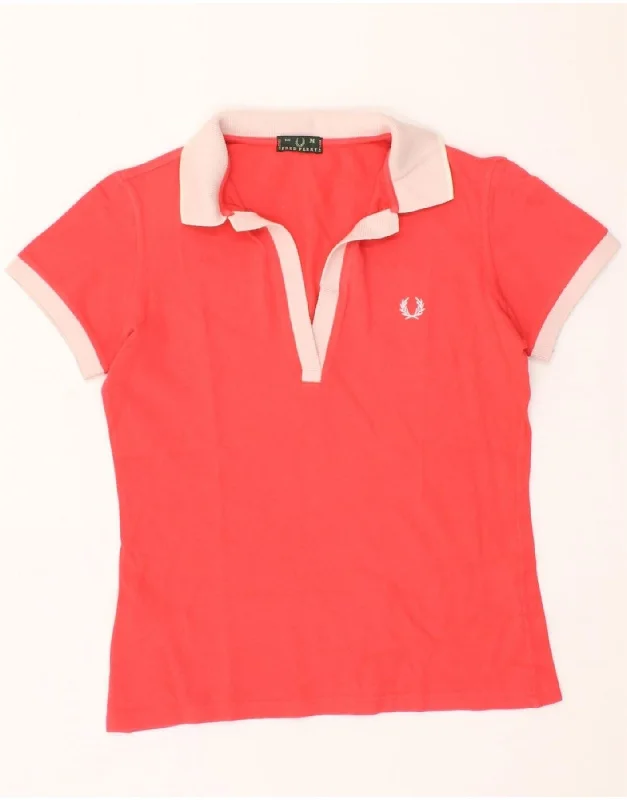 FRED PERRY Womens Polo Shirt UK 12 Medium Red Colourblock Casual Boxy Short Shirt