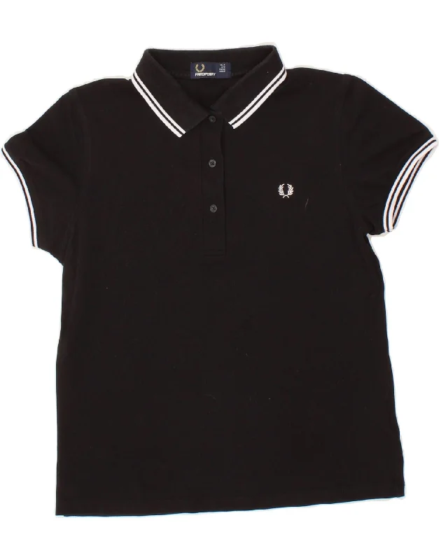 FRED PERRY Womens Polo Shirt UK 14 Large  Black Cotton Comfortable Peplum Short Shirt